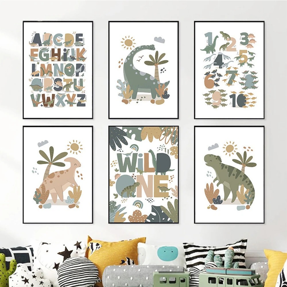 Kids Educational Poster - İskandinav Sevimli Bebek Dinozor Duvar Sanatı